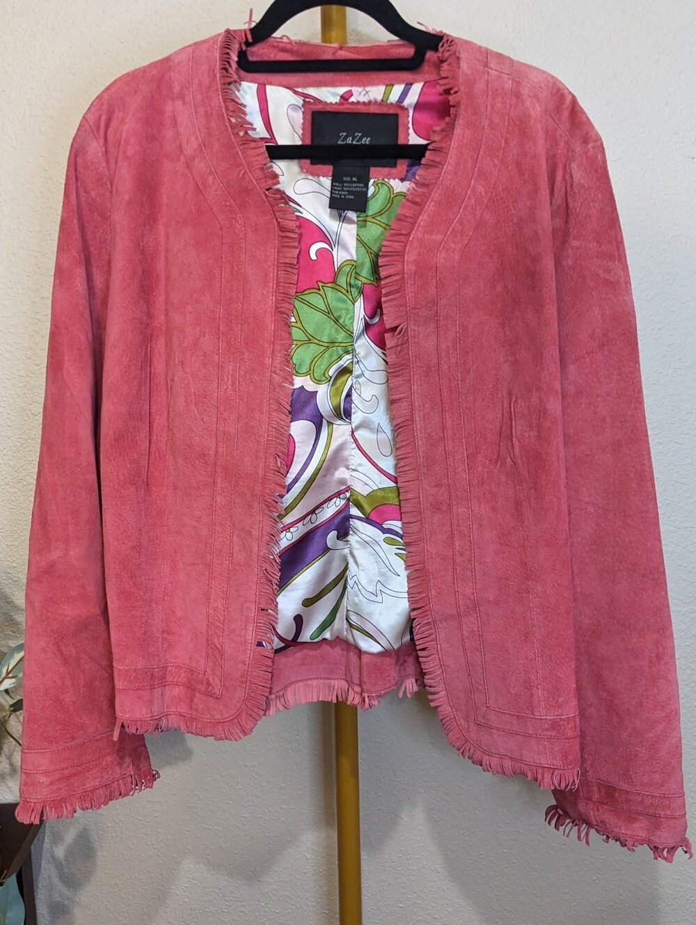 Mauve Suede Leather Jacket Fringe Trim XL Western Boho